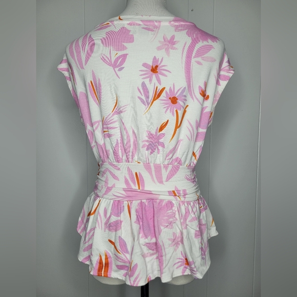 SALE Anthropologie Postmark Tropical Pink White Floral Peplum Cap Sleeve Top XS - Picture 7 of 12